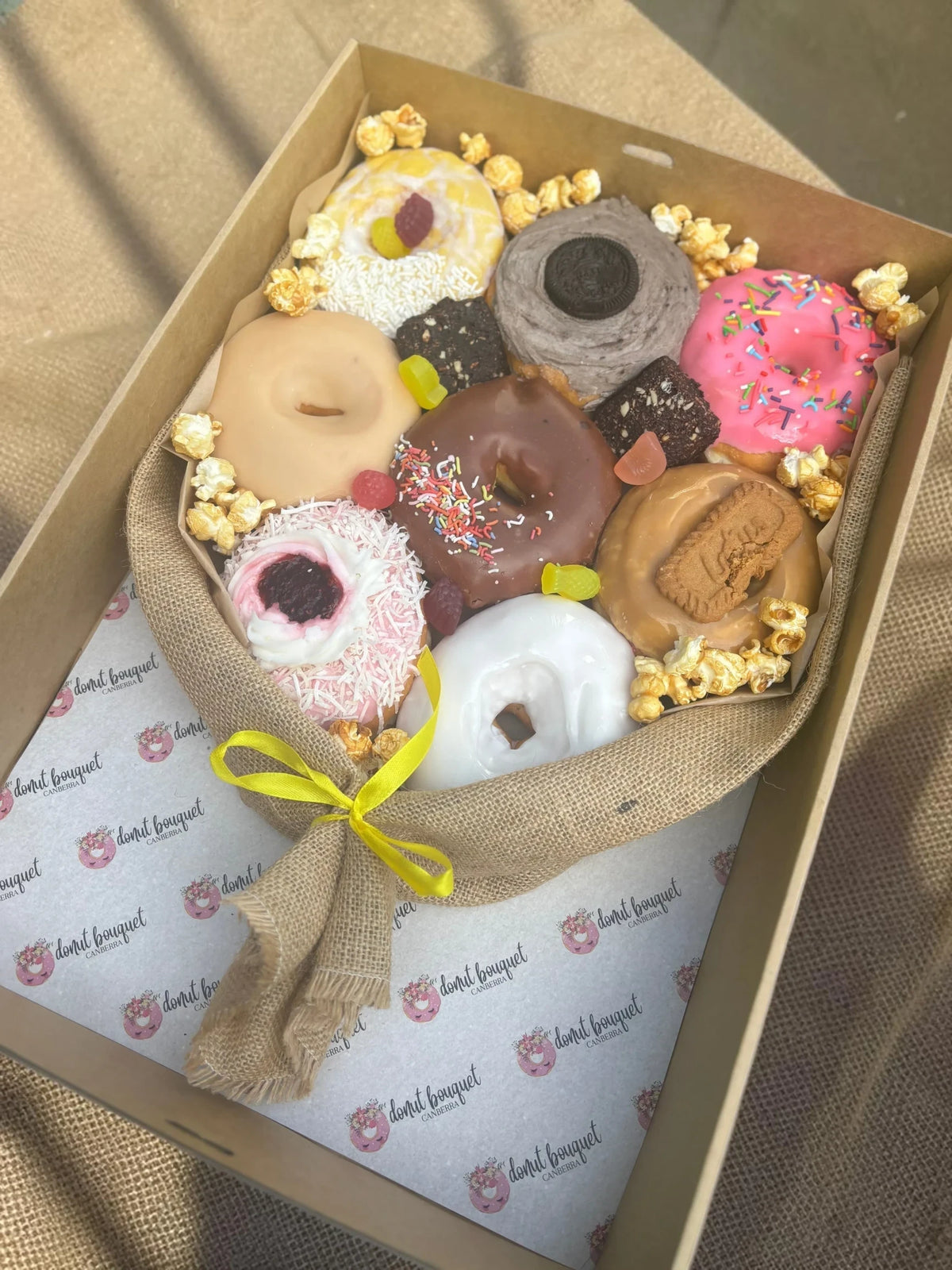 Donut Bouquet Canberra vegan classic donut bouquet gift box with assorted glazed donuts, brownies, and popcorn